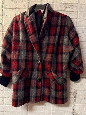Vintage Michelle Stuart Plaid Wool Coat Made in USA Red Black Oversized Blazer J